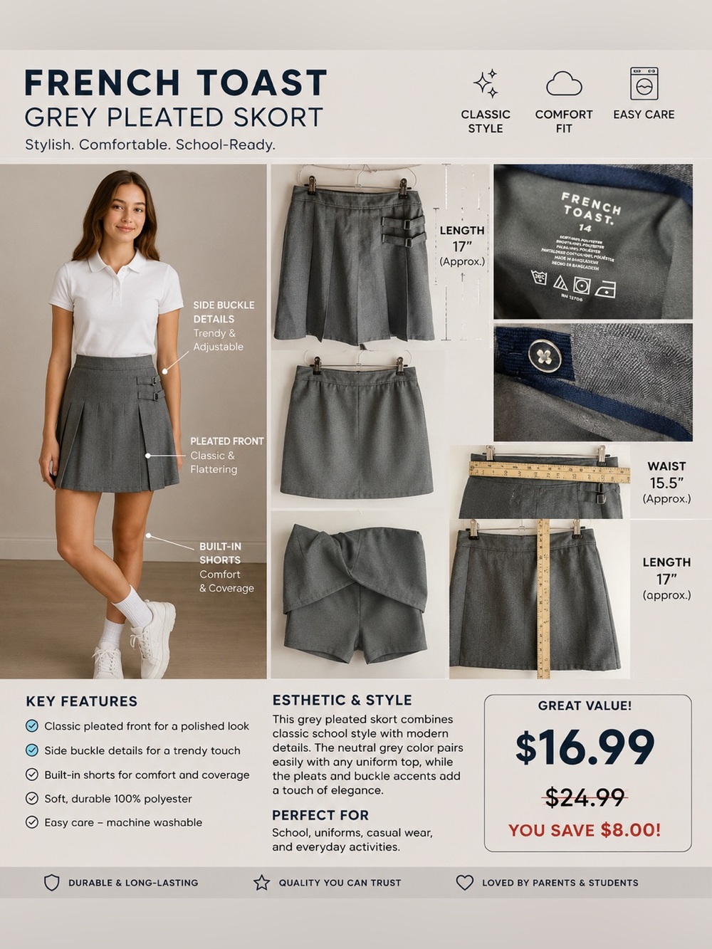 French Toast Olive Green Pleated Mini Skirt with Side Buckles